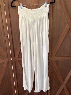 LORI MICHAELS COLLECTION White Smocked-Waist Wide-Leg Pants SIZE LARGE